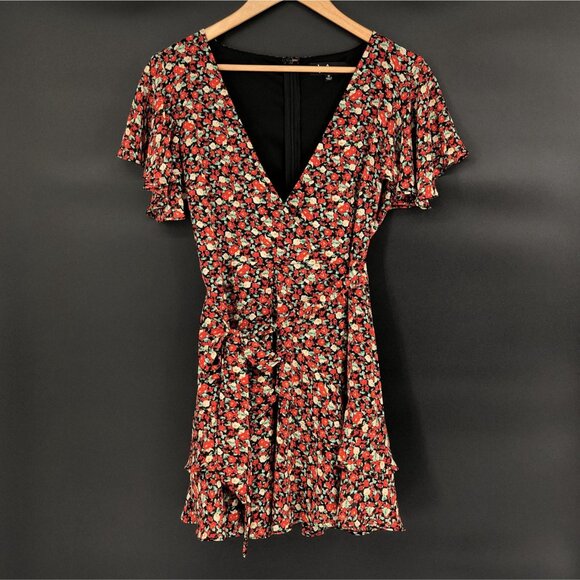 Lulus Boho Floral Faux Wrap Dress S Black/Red Flutter Sleeve Party Date Night - Picture 1 of 9